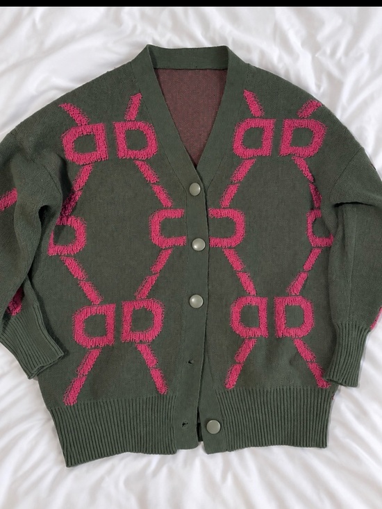 SHEIN Sweaters - SHEIN Olive Green Cardigan with Pink Geometric Knit
